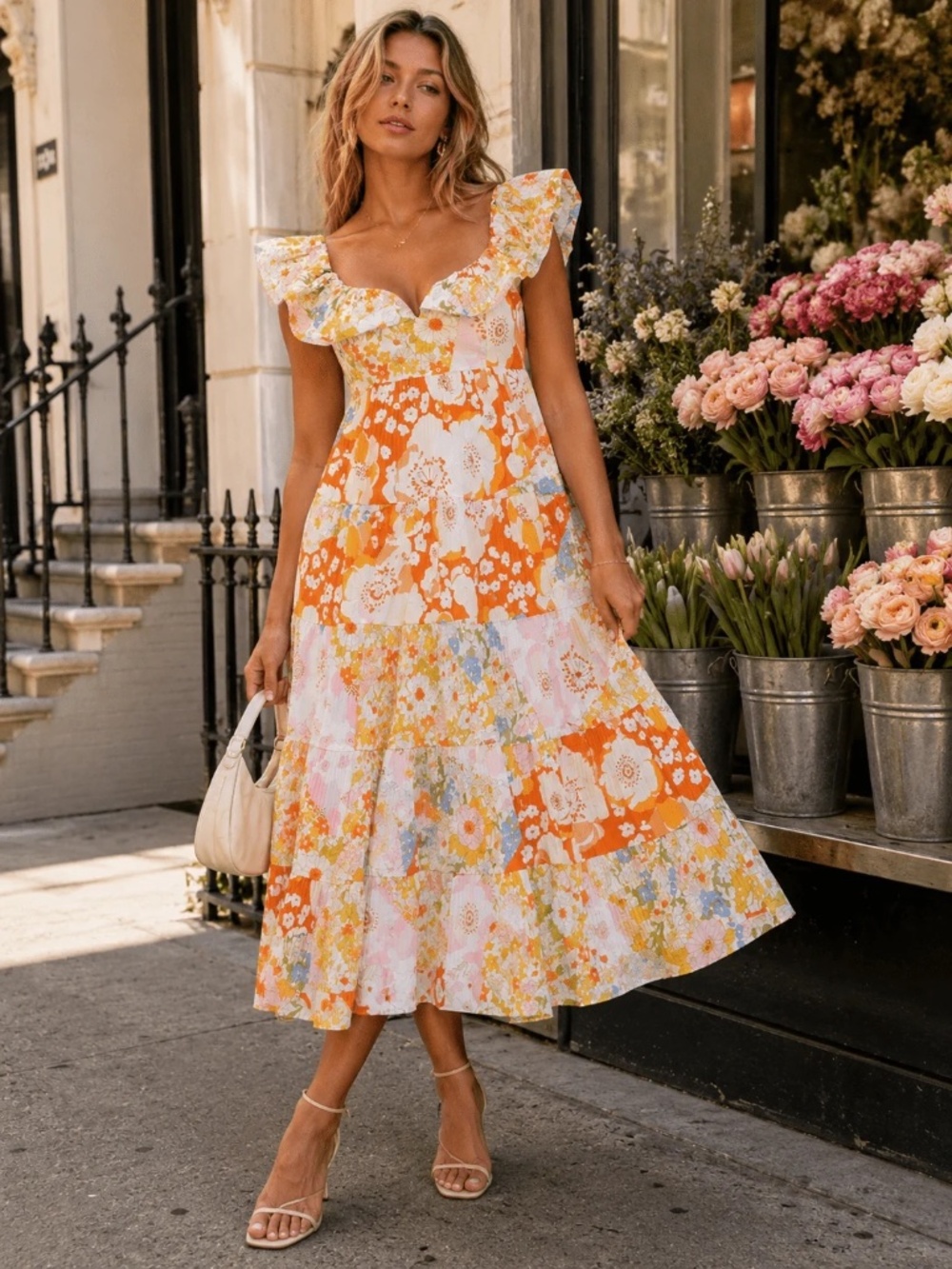 "Beulah" Women's Ruffle V-Neck Pleaded Floral Maxi Dress